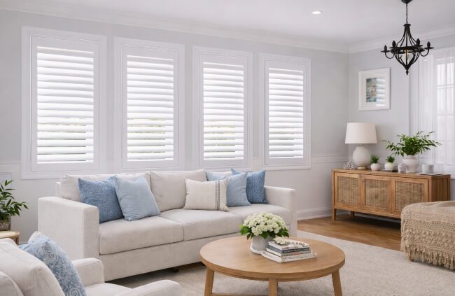 PVC shutters installed across living room windows in Newcastle by Plantation Shutters.