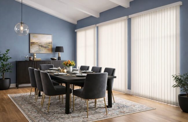 Blinds installation in Newcastle NSW featuring vertical blinds fitted across large dining room windows for smooth light control by Plantation Shutters.