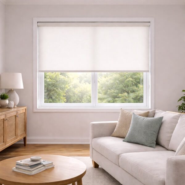 Light filtering roller blinds in Newcastle NSW installed on a living room window delivering soft natural light and a clean modern finish by Plantation Shutters.