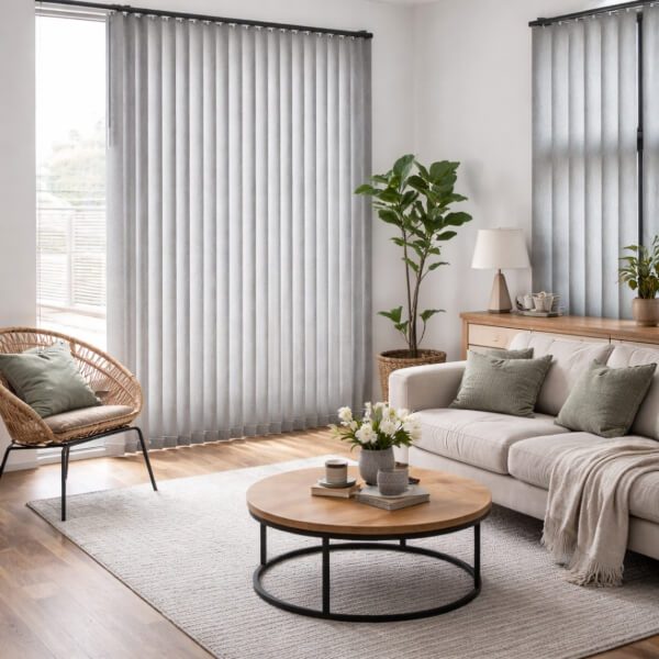 Light grey vertical blinds covering large windows, providing smooth light control and privacy in a modern living room, installed by Plantation Shutters Newcastle.