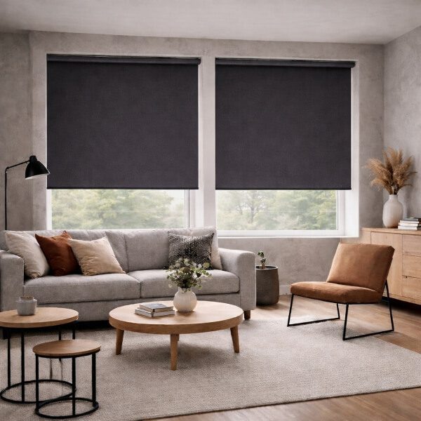Modern blackout blinds in Newcastle NSW installed across living room windows by Plantation Shutters.