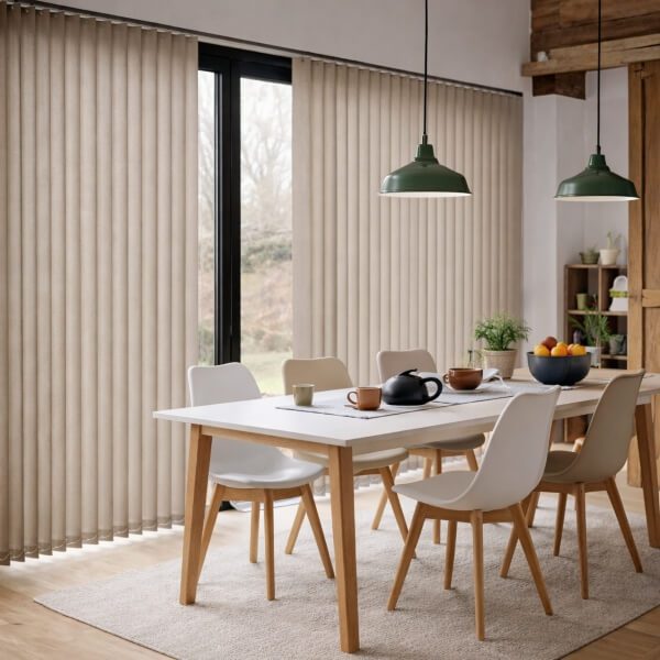 Modern vertical blinds in Newcastle NSW providing smooth light control and easy access to the sliding door by Plantation Shutters.