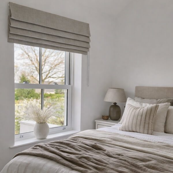 Neutral linen Roman blinds installed in a Newcastle NSW bedroom neatly stacked and providing privacy and practical light control by Plantation Shutters.