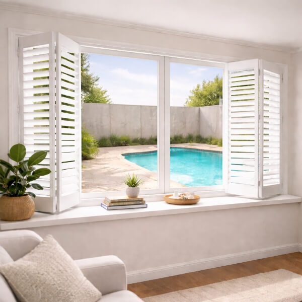 PVC bifold shutters in Newcastle NSW installed by Plantation Shutters Newcastle folding neatly to the sides for flexible light control and full window access.