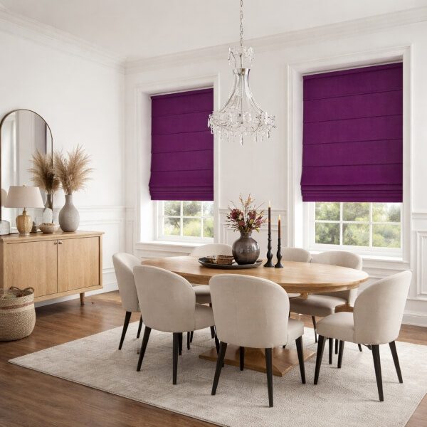 Plum Roman blinds fitted inside dining room windows, adding bold colour and a clean finish, installed by Plantation Shutters Newcastle.