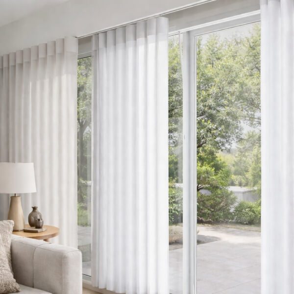Soft white Veri Shades in Newcastle NSW installed across large sliding glass doors offering flexible light control by Plantation Shutters.