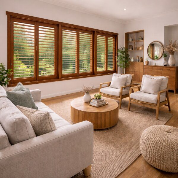 Timber plantation shutters in Newcastle NSW installed by Plantation Shutters Newcastle adding warmth and privacy to a modern living space.