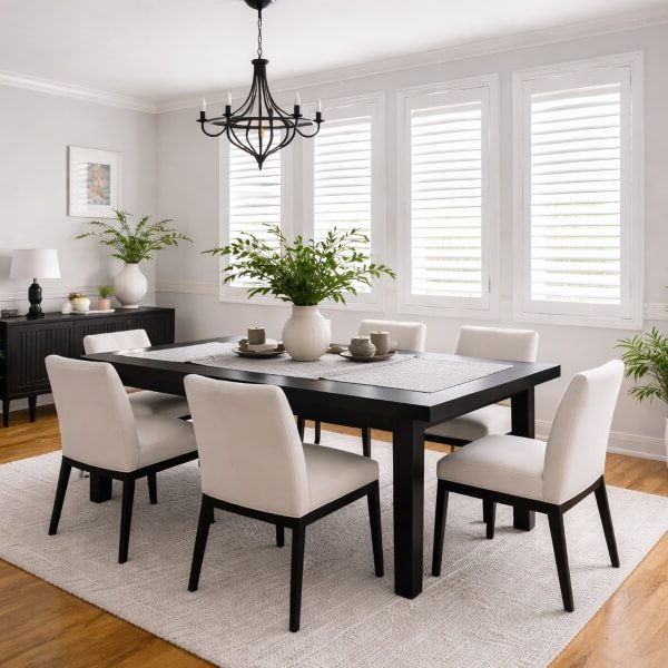 White PVC plantation shutters in Newcastle NSW installed by Plantation Shutters Newcastle delivering light control in a modern dining space.