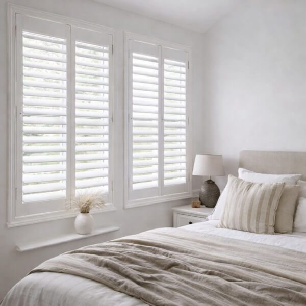 White PVC plantation shutters in Newcastle NSW installed in a modern bedroom providing adjustable light control privacy and a clean built in finish across multiple windows.