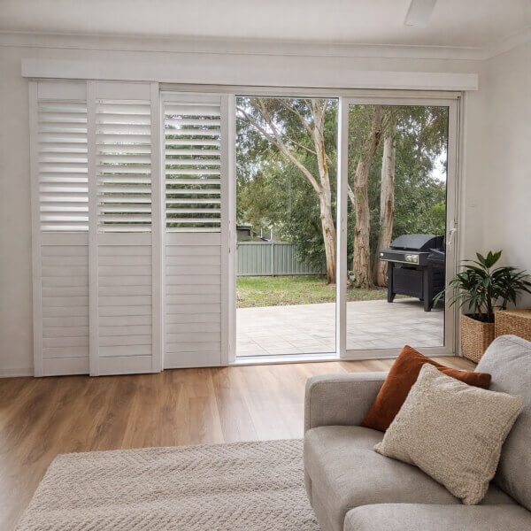 White PVC sliding shutters in Newcastle NSW installed by Plantation Shutters Newcastle for privacy light control and a clean space saving finish.