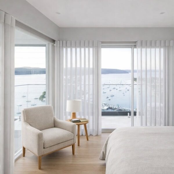 White Veri Shades installed across large bedroom balcony doors, fitted by Plantation Shutters Newcastle.