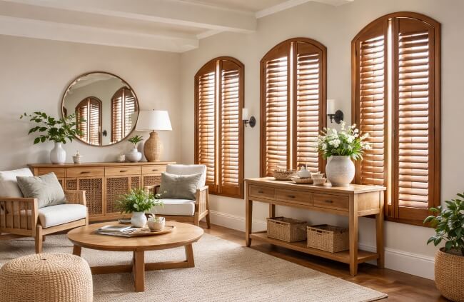 Wooden plantation shutters in Newcastle NSW installed by Plantation Shutters Newcastle adding natural warmth to a bright living room.